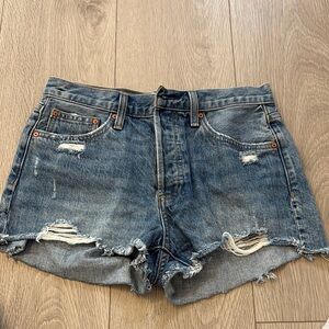 Denim Forum Blue Jean Shorts High-Waisted Distressed